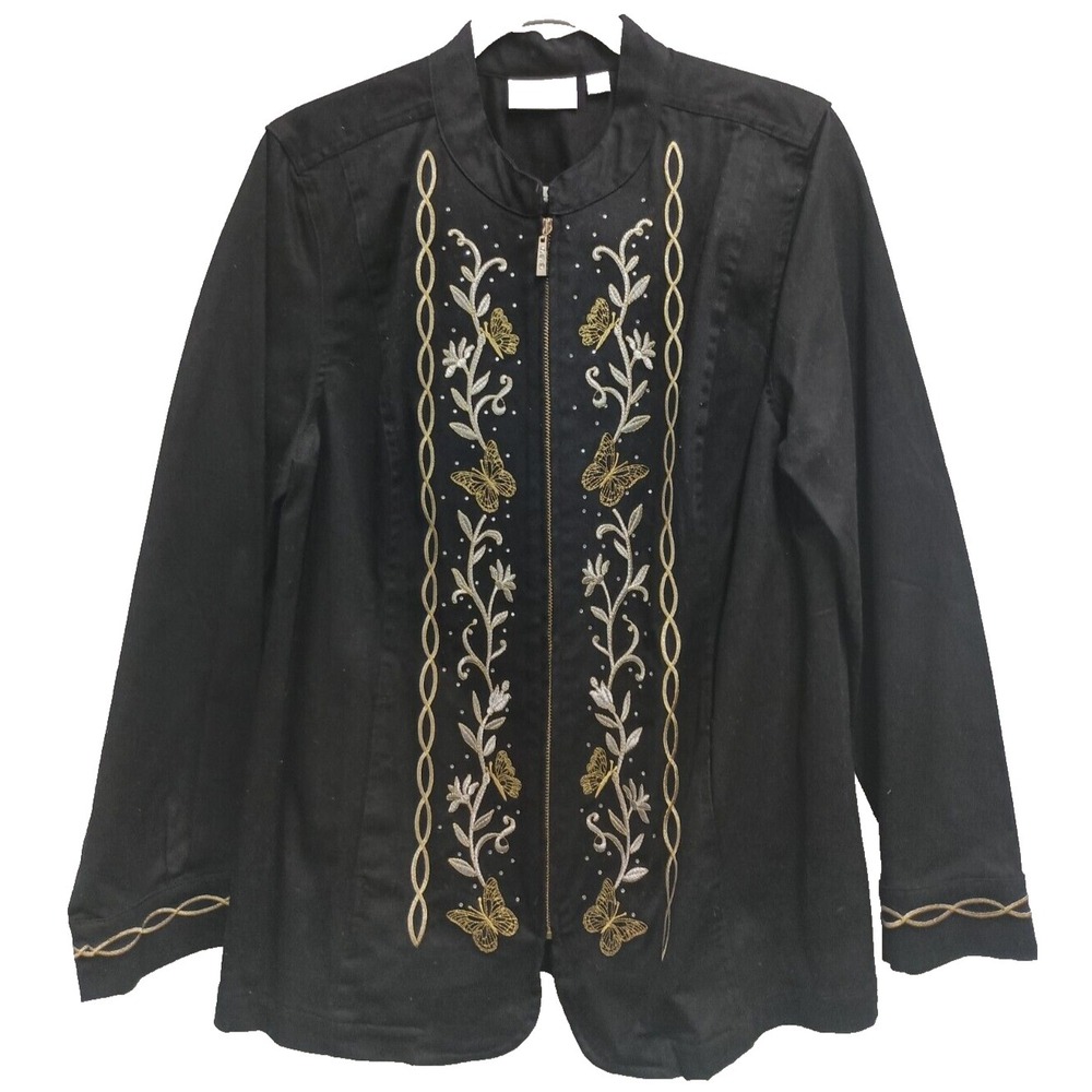 Quacker Factory Wearable Art Jacket Womens Large Black Butterfly Embroidered